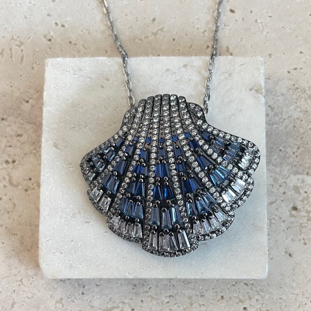 Elegant Silver and Blue Shell Pendant Necklace
